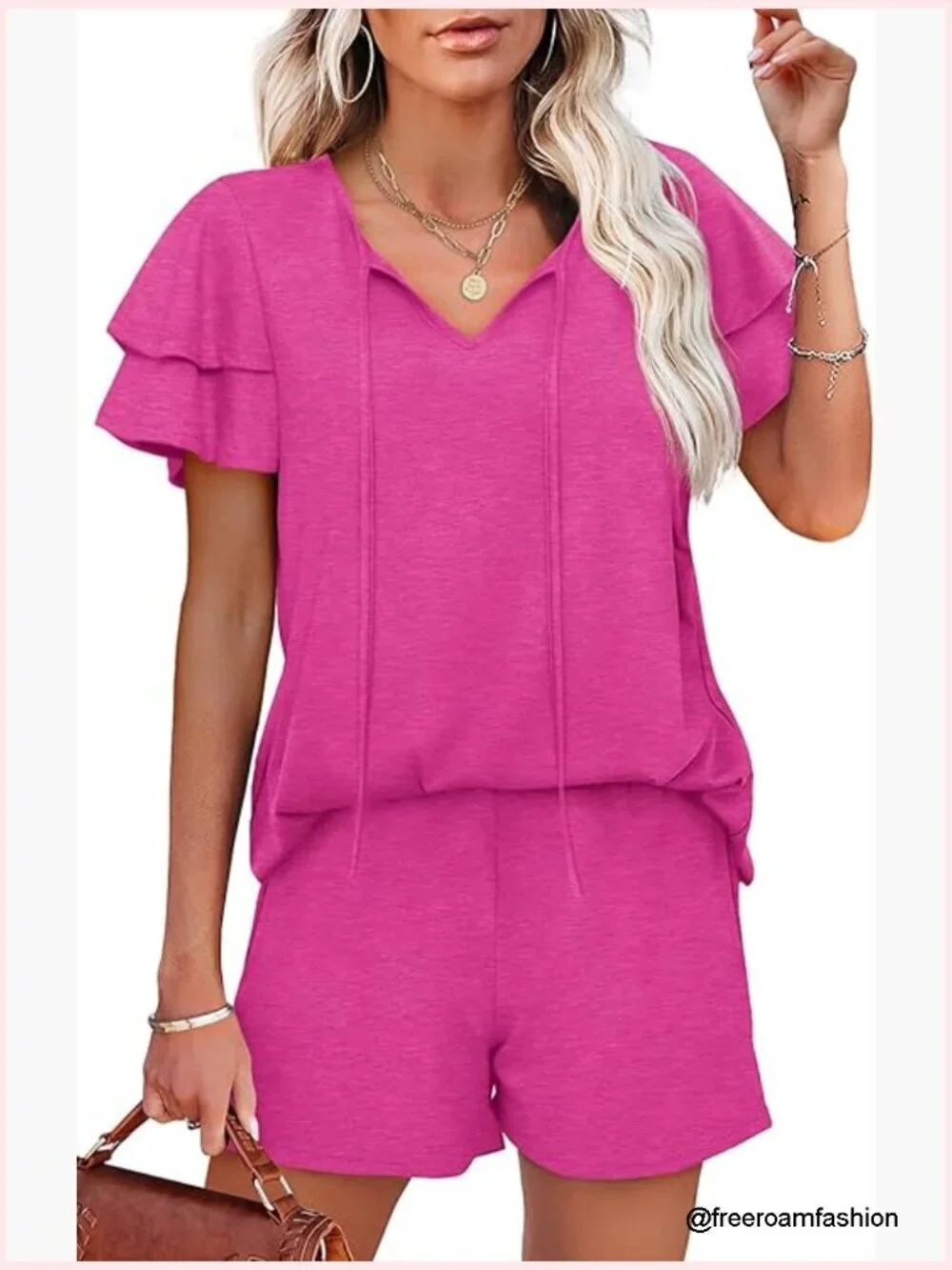 Women's 2 Piece Lounge Set Short Sleeve V Neck Top with Shorts